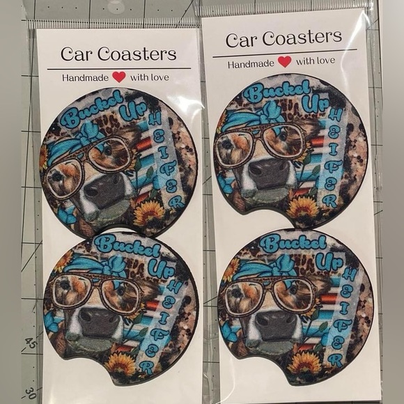 Cow - Buckel up butter cup 1- 2pack car coasters - Picture 1 of 2